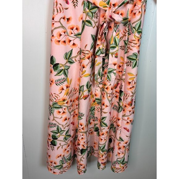 LOFT Midi Shirt Dress 10 Peach Pink Tropical Floral Button-Through Belted - Picture 4 of 10